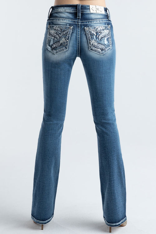 Miss Me Whimsical Feather Bootcut Jeans