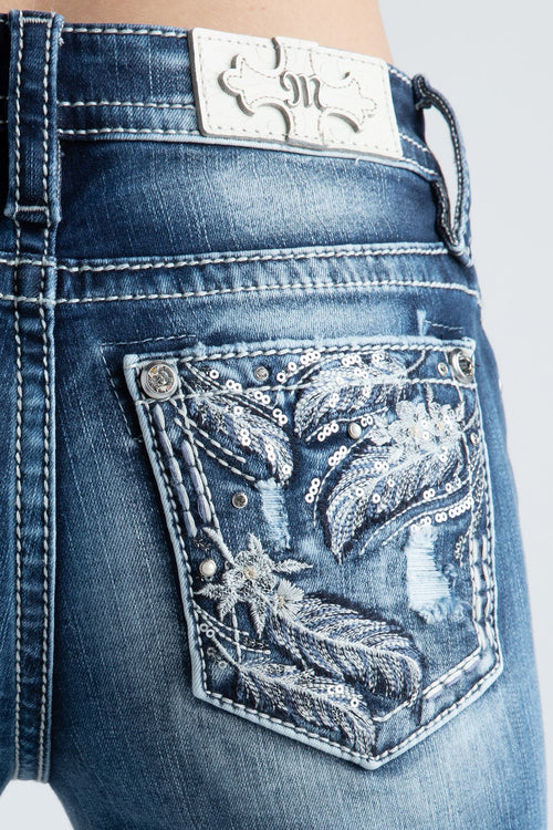 Miss Me Whimsical Feather Bootcut Jeans