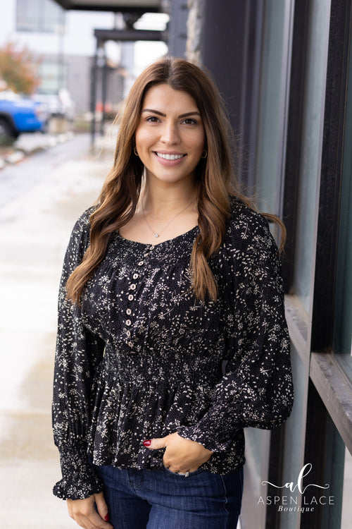 Ditsy Peasant Top (Black)