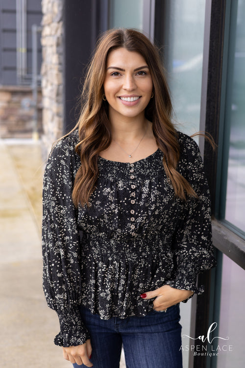 Ditsy Peasant Top (Black)
