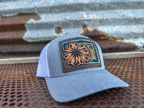 Daisy Handtooled Leather Patch Hat (Heather Grey & White)