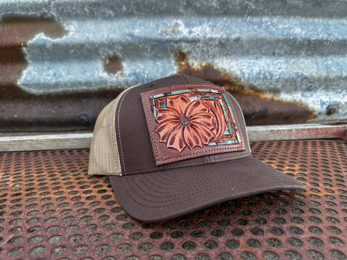 Daisy Handtooled Leather Patch Hat (Brown/Tan)