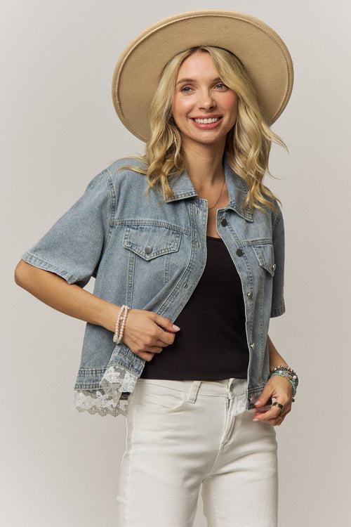 Lace Trim Denim Top (Light Wash)