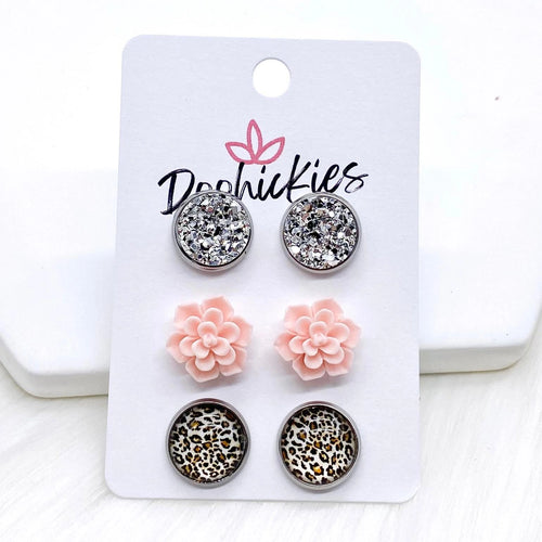 Silver & Pink Succulent Trio Earring Set