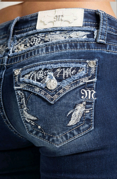 Miss Me Simple Feather Bootcut Jeans (Dark Wash)