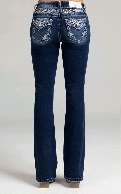 Miss Me Simple Feather Bootcut Jeans (Dark Wash)