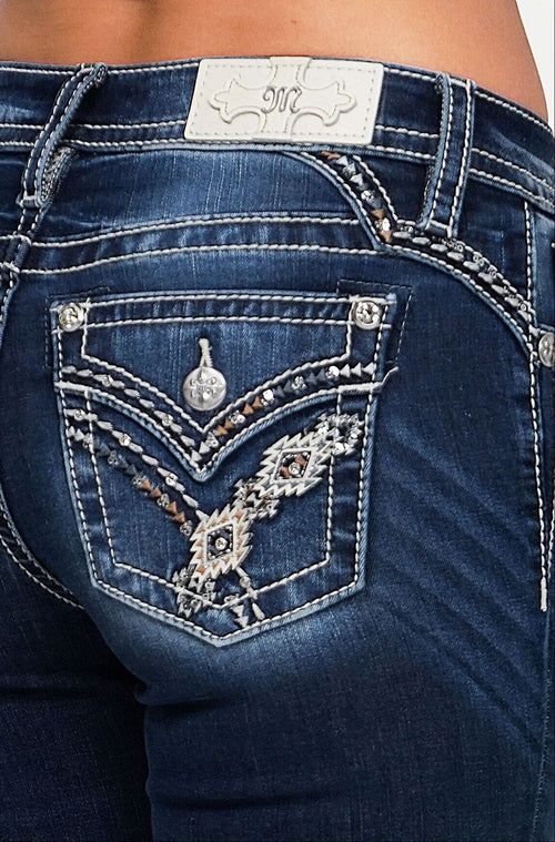 Miss Me Aztec X Stitch Bootcut Jeans (Dark Wash)