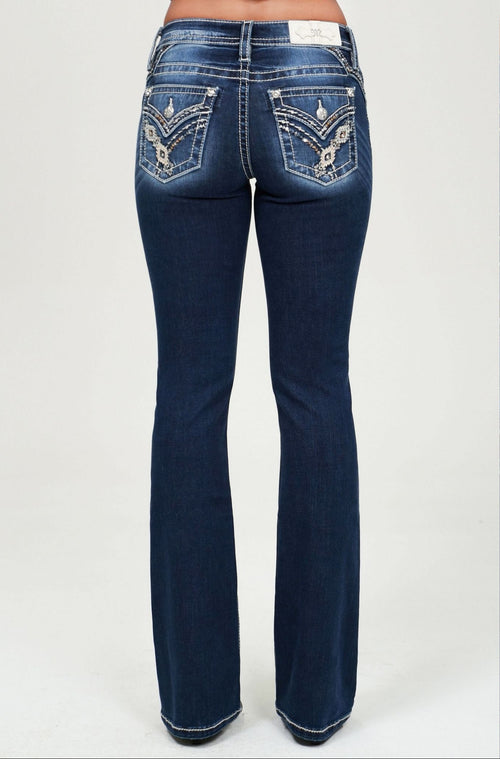 Miss Me Aztec X Stitch Bootcut Jeans (Dark Wash)