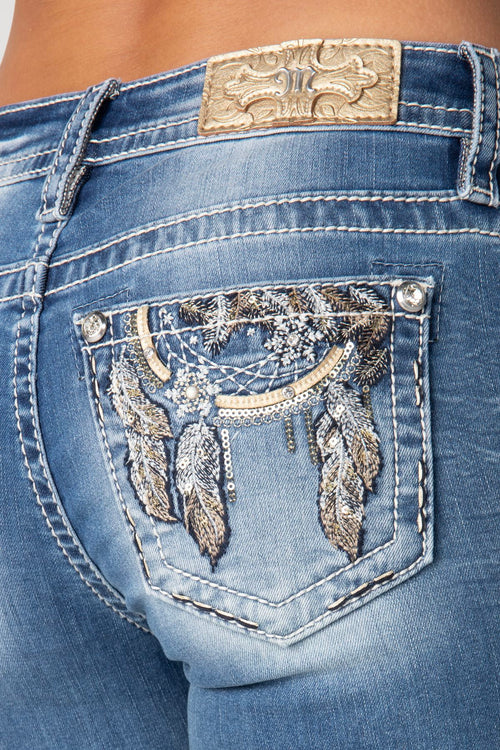 Miss Me Sequin Feather Slim Bootcut Jeans (Medium Wash)