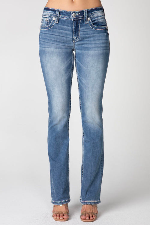 Miss Me Sequin Feather Slim Bootcut Jeans (Medium Wash)