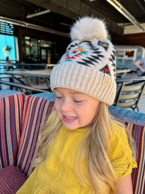 Kids Riley Aztec Faux Fur Pom CC Beanie (Multiple Colors)