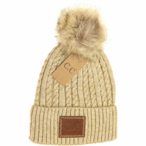 Double Braided Knit Pom CC Beanie (Beige)