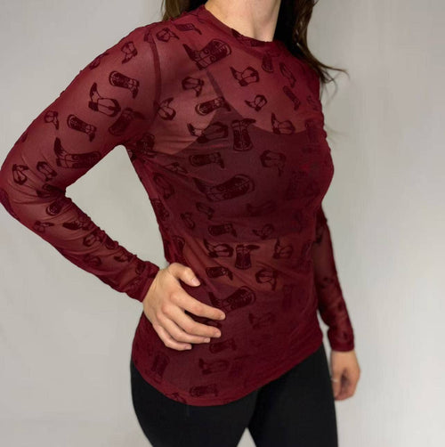 Blame it on the Boots Mesh Top (Maroon)