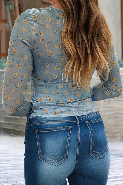 Vintage Floral Mesh Top (Sky Blue)