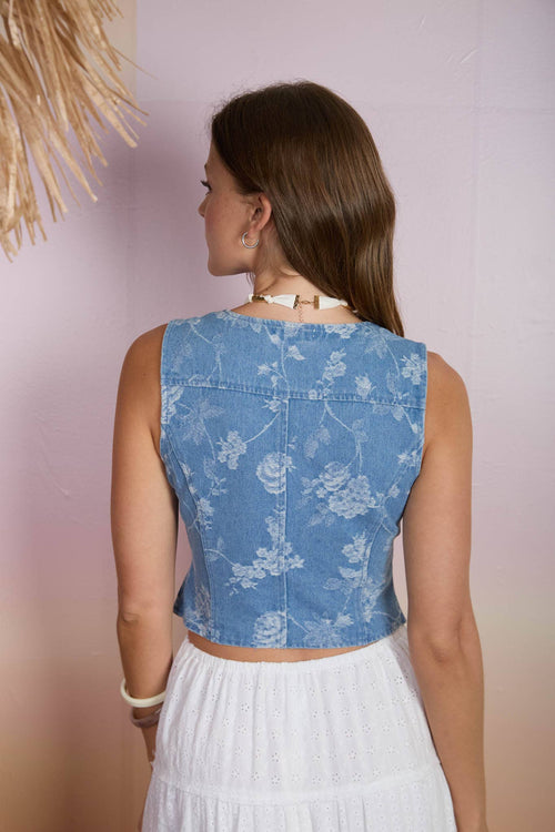 Floral Jacquard Denim Vest