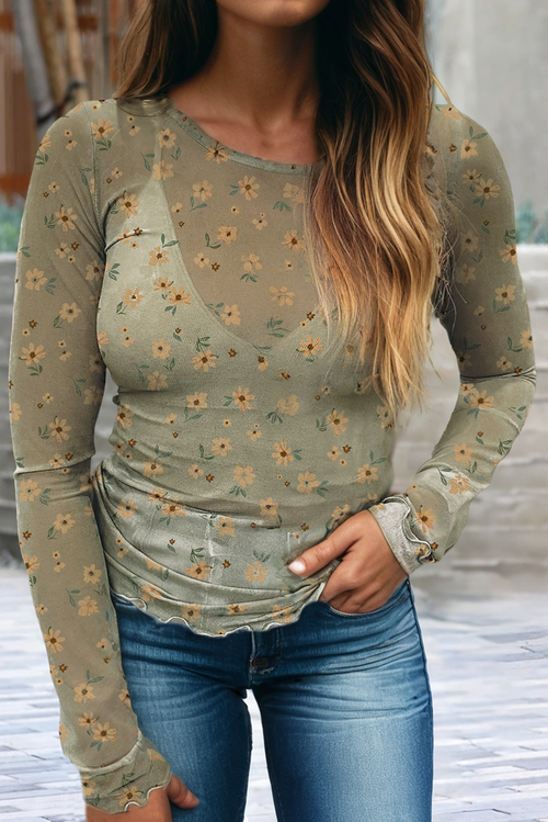 Vintage Floral Mesh Top (Green)