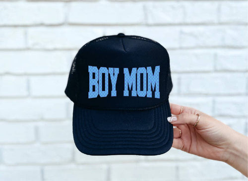 Checkered Boy Mom Trucker Hat (Black)
