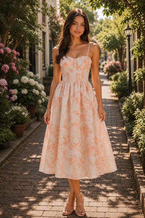 Midi Floral Print Dress (Tangerine)