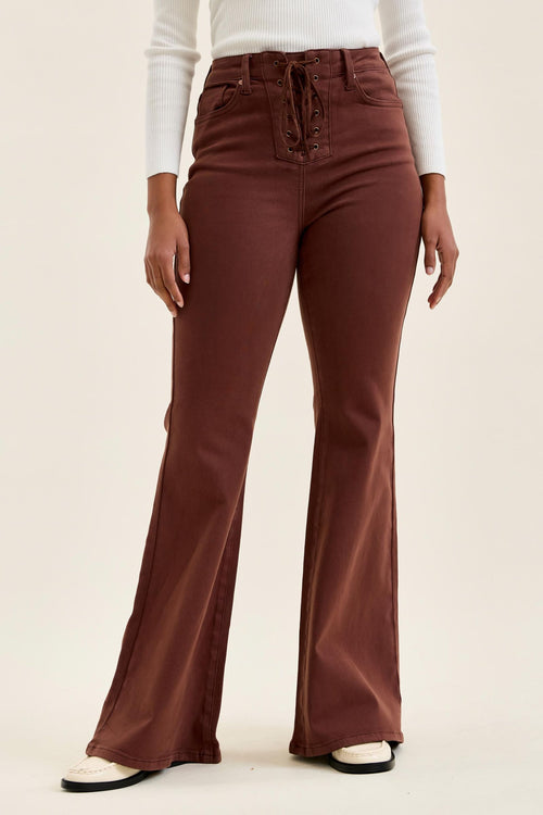 Lace Up Judy Blue Flare Jeans (Cocoa Brown)