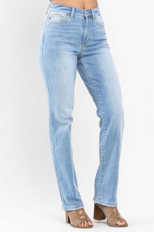 Judy Blue Contrast Thermal Straight Leg Jeans (Medium Wash)