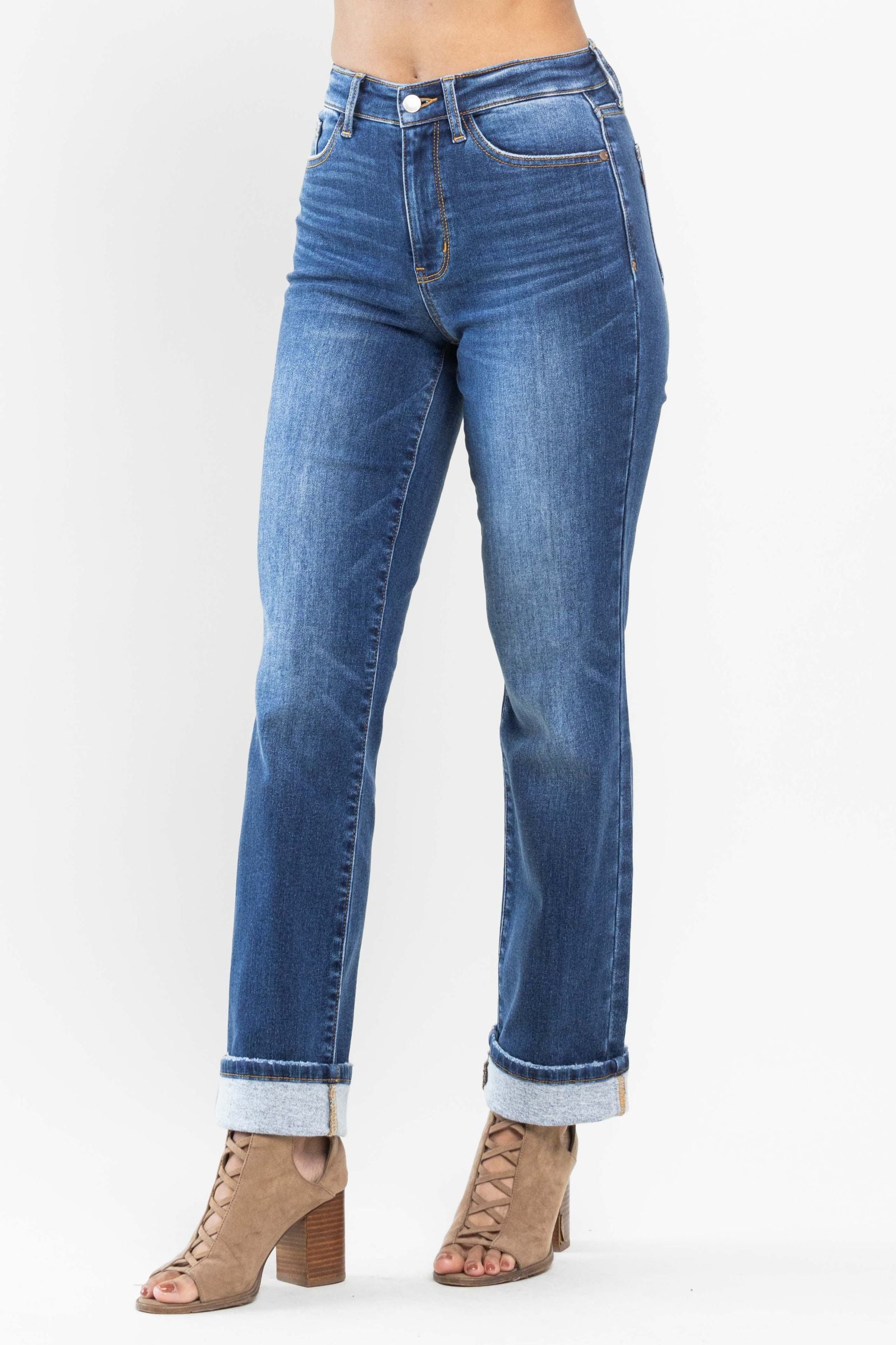 *Outlet* Judy Blue Contrast Thermal Straight Leg Jeans (Dark Wash)