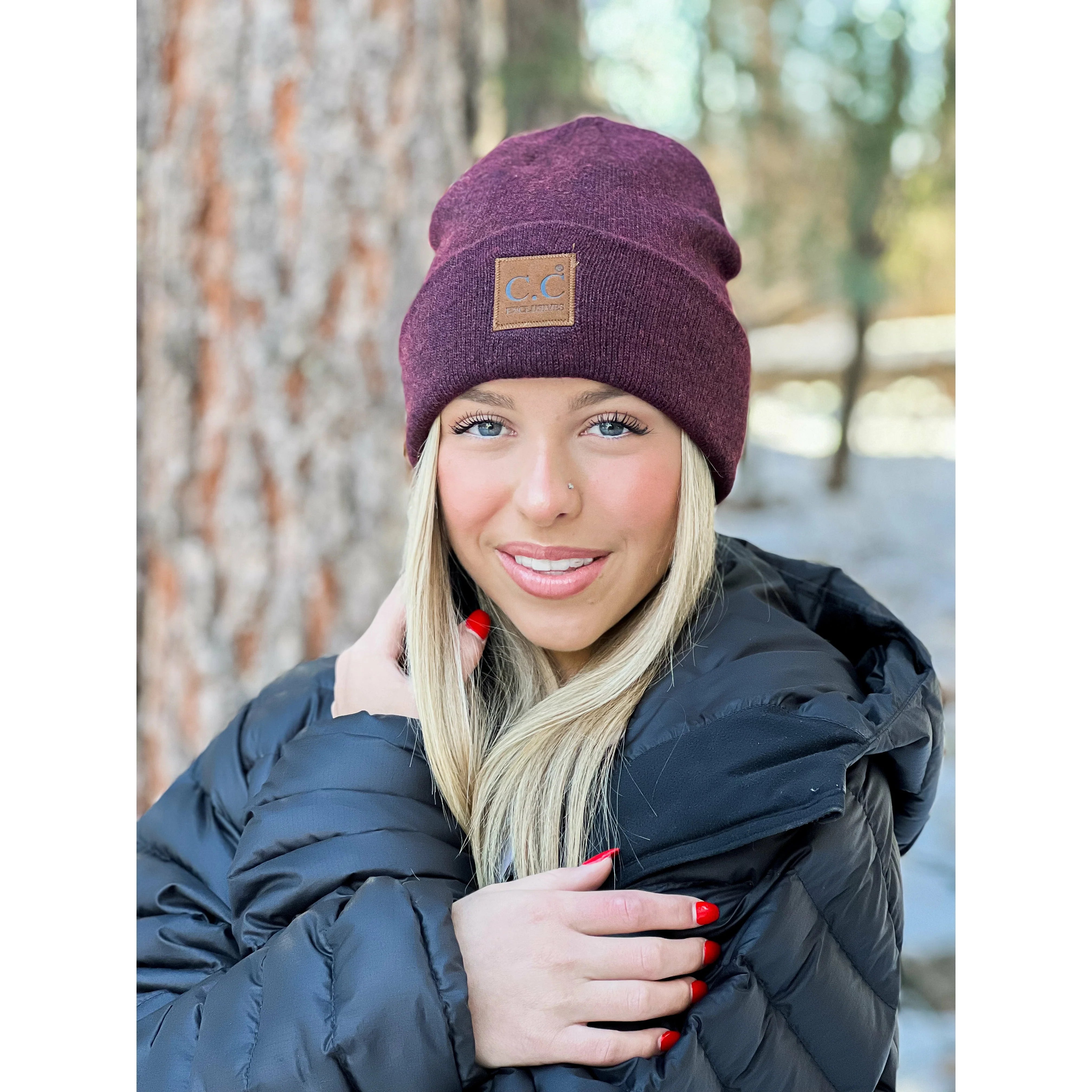 Soft Ribbed Leather Patch CC Beanie (Multiple Colors)