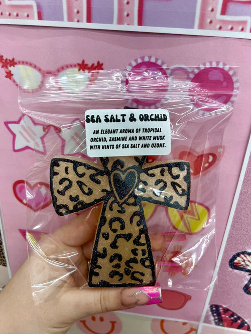 Gold Leopard Cross Car Freshie (Sea Salt & Orchid)