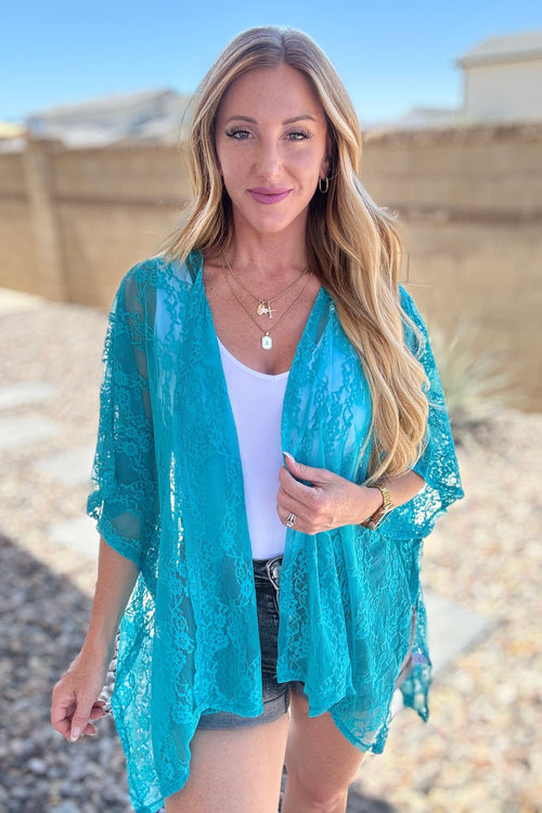 *Online Exclusive* Good Days Ahead Lace Kimono In Teal