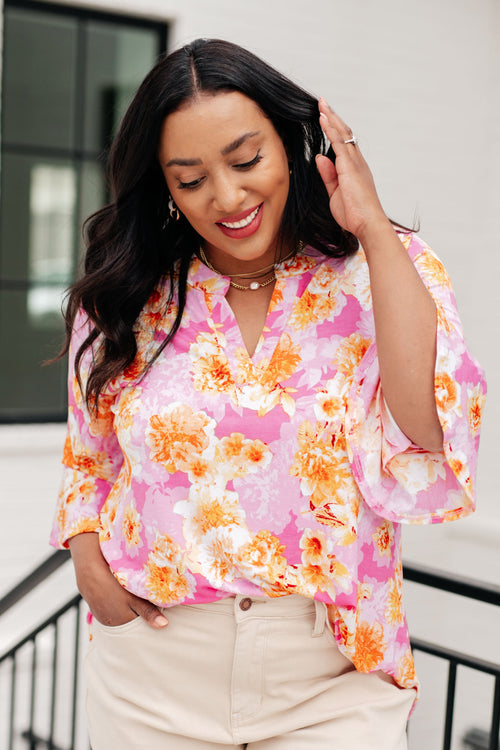 *Online Exclusive* Lizzy Bell Sleeve Top in Pink and Gold Floral