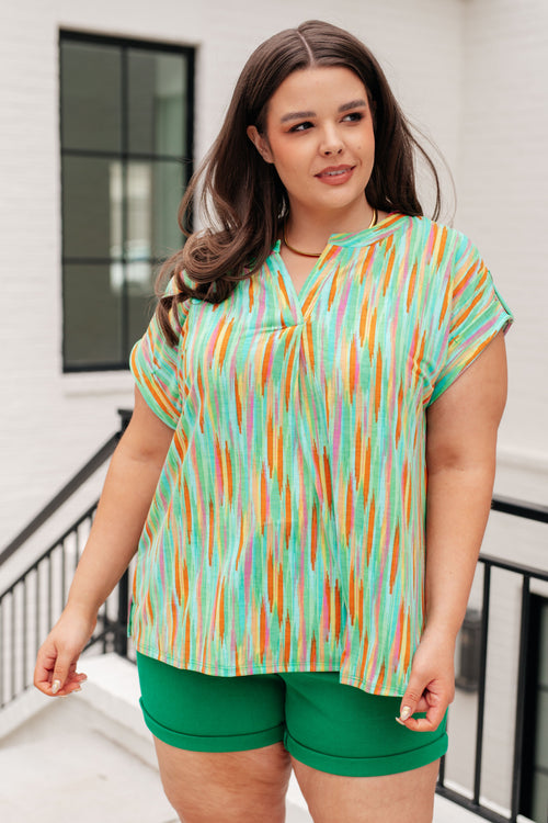 *Online Exclusive* Lizzy Cap Sleeve Top in Lime and Emerald Multi Stripe