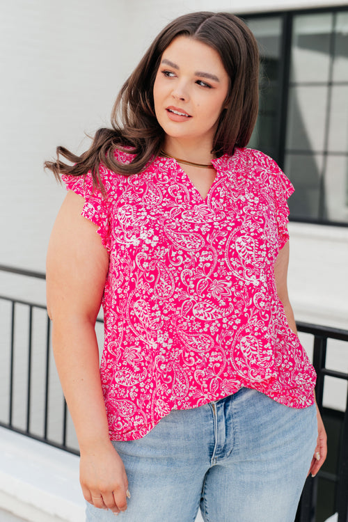 *Online Exclusive* Lizzy Flutter Sleeve Top in Hot Pink and White Floral