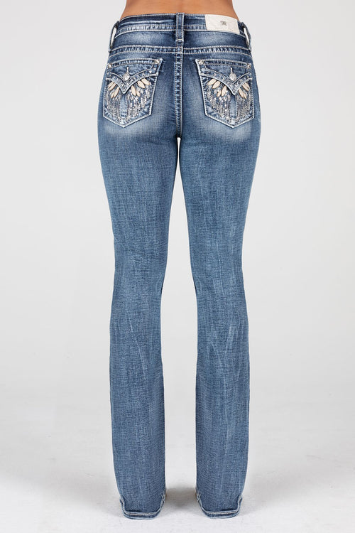 Miss Me Draped Feather Bootcut Jeans