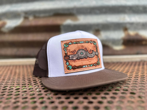 Bridle Bit Tooled Leather Trucker Hat (Brown/White)