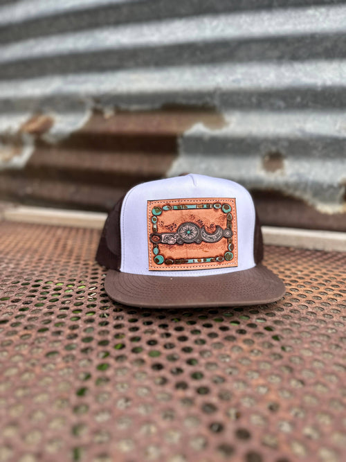 Bridle Bit Tooled Leather Trucker Hat (Brown/White)