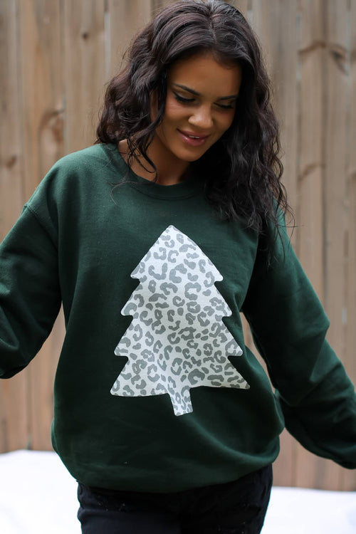 Snow Leopard Christmas Tree Sweatshirt (Forest Green)