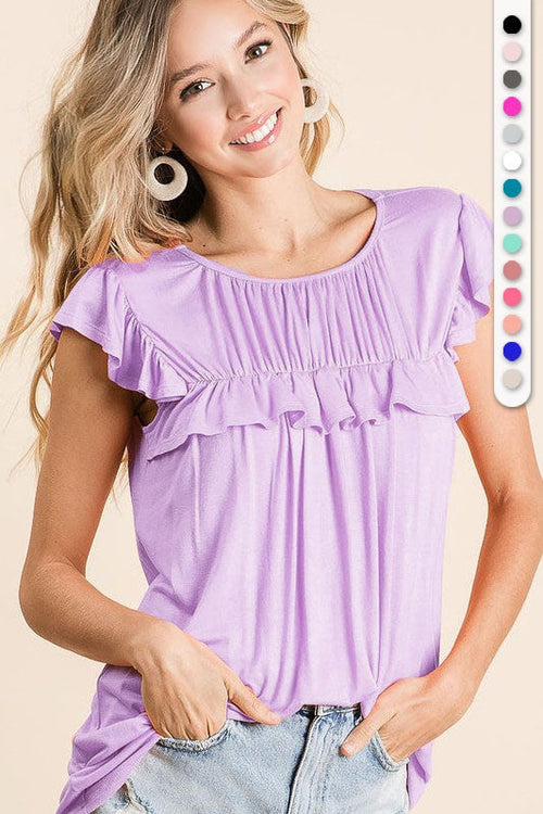 *Online Exclusive* Jersey Knit Gathered Top With Ruffles in Lavender