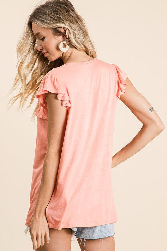 *Online Exclusive* Jersey Knit Gathered Top With Ruffles in Coral