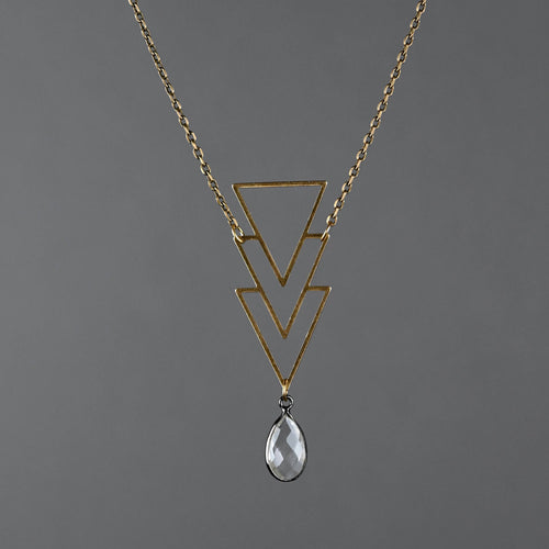Brass Geometric Triangle Necklace (Smokey Quartz)