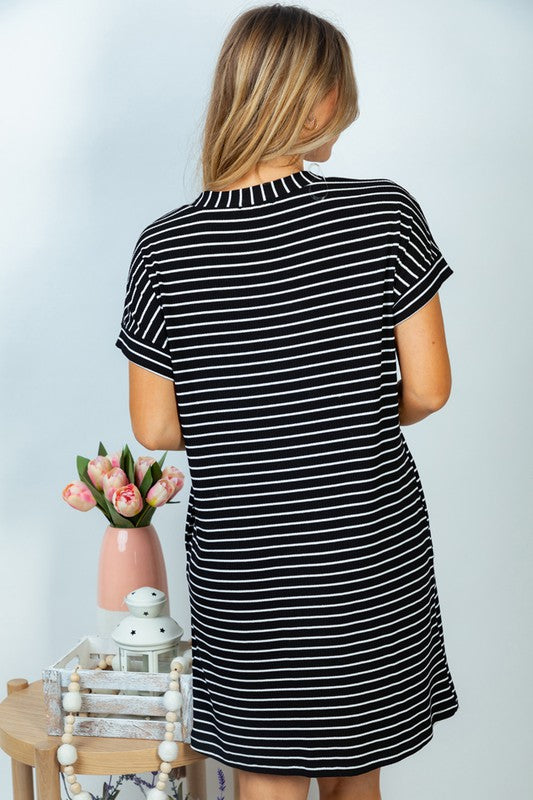 *Online Exclusive* Short Sleeve Stripe Knit Dress in Black