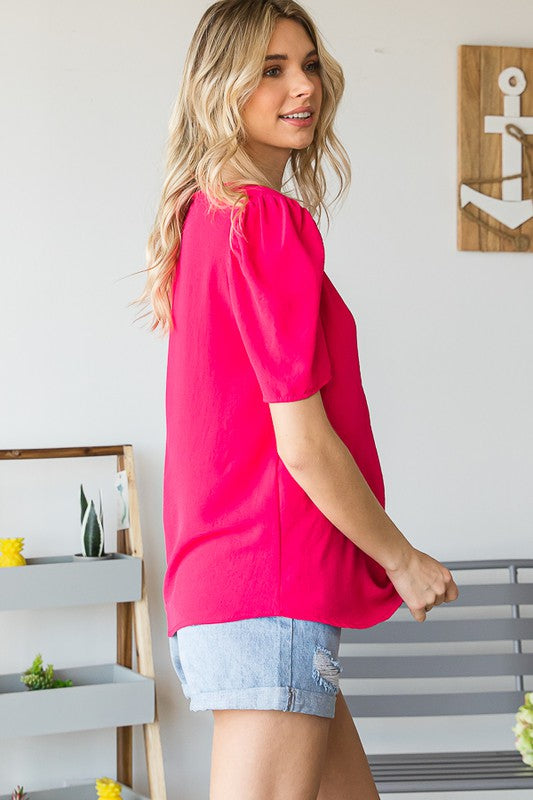 *Online Exclusive* Solid Puff Sleeve Top in Fuchsia