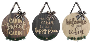 Wood Cabin Sign with Artificial Pine Branches