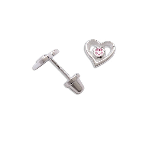 *Outlet* Girls Heart With Pink CZ Earrings
