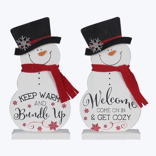 Wood Tabletop Snowman Sign with Knitted Scarf