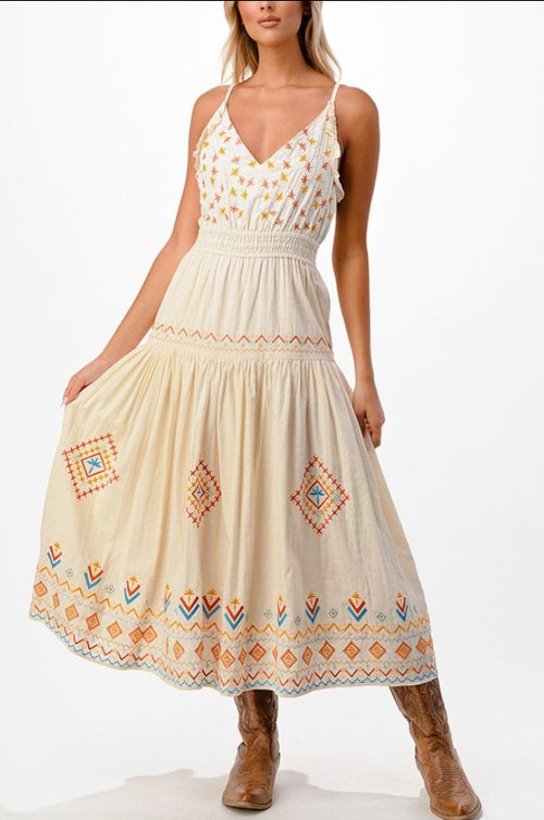 Miss Me Embroidered Maxi Dress (Cream)