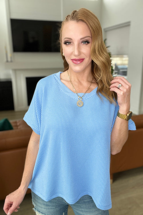*Online Exclusive* Textured Line Twisted Short Sleeve Top in Sky Blue