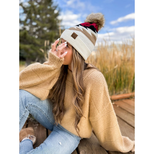 Aztec Natural Faux Fur Pom CC Beanie (Multiple Colors)