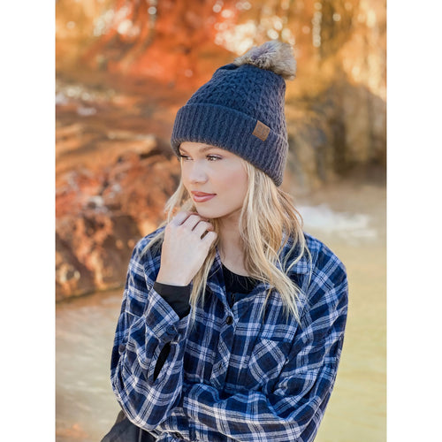 Solid Smocked Stitch Fur Pom CC Beanie (Multiple Colors)