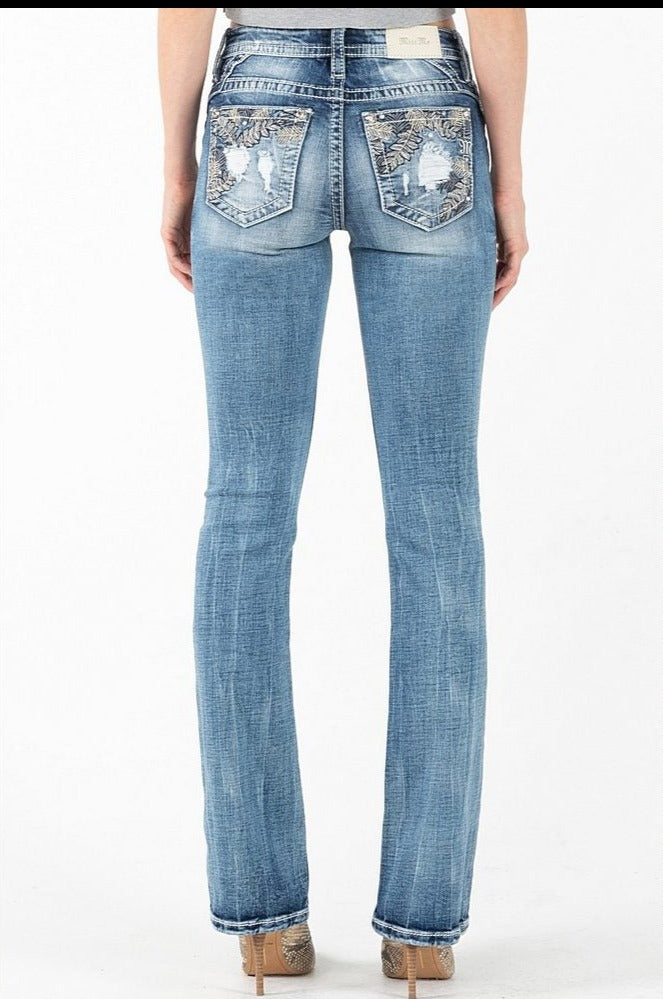 Miss Me Gold Stitch Leaves Bootcut Jeans