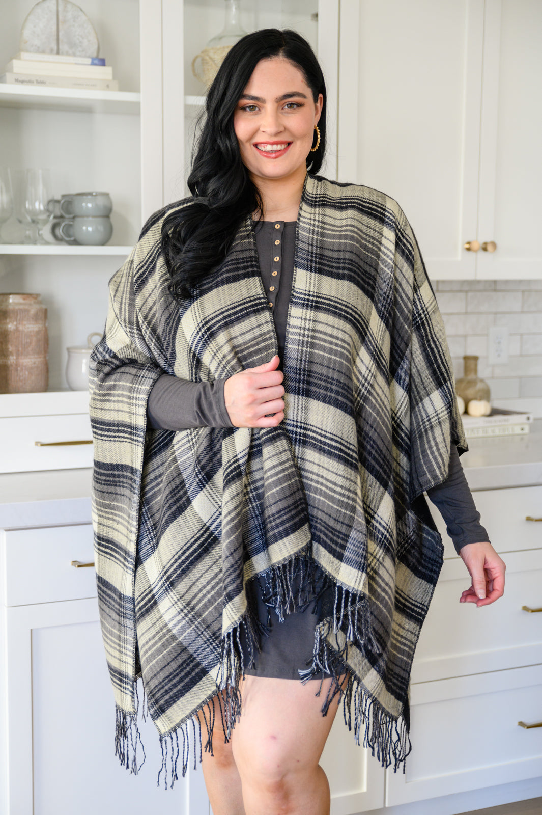 *Online Exclusive* Plaid Fringe Trimmed Open Poncho in Black
