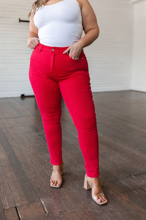*Online Exclusive* Judy Blue Ruby Control Top Garment Dyed Skinny Jeans in Red